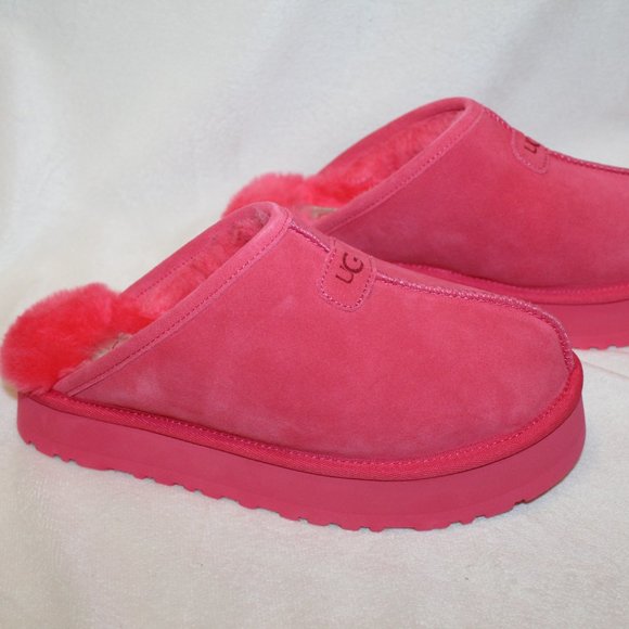 NIB UGG WOMEN'S DISCOQUETTE SUEDE SHEARLING SLIP ON PLATFORM SLIPPERS PINK - Picture 2 of 8